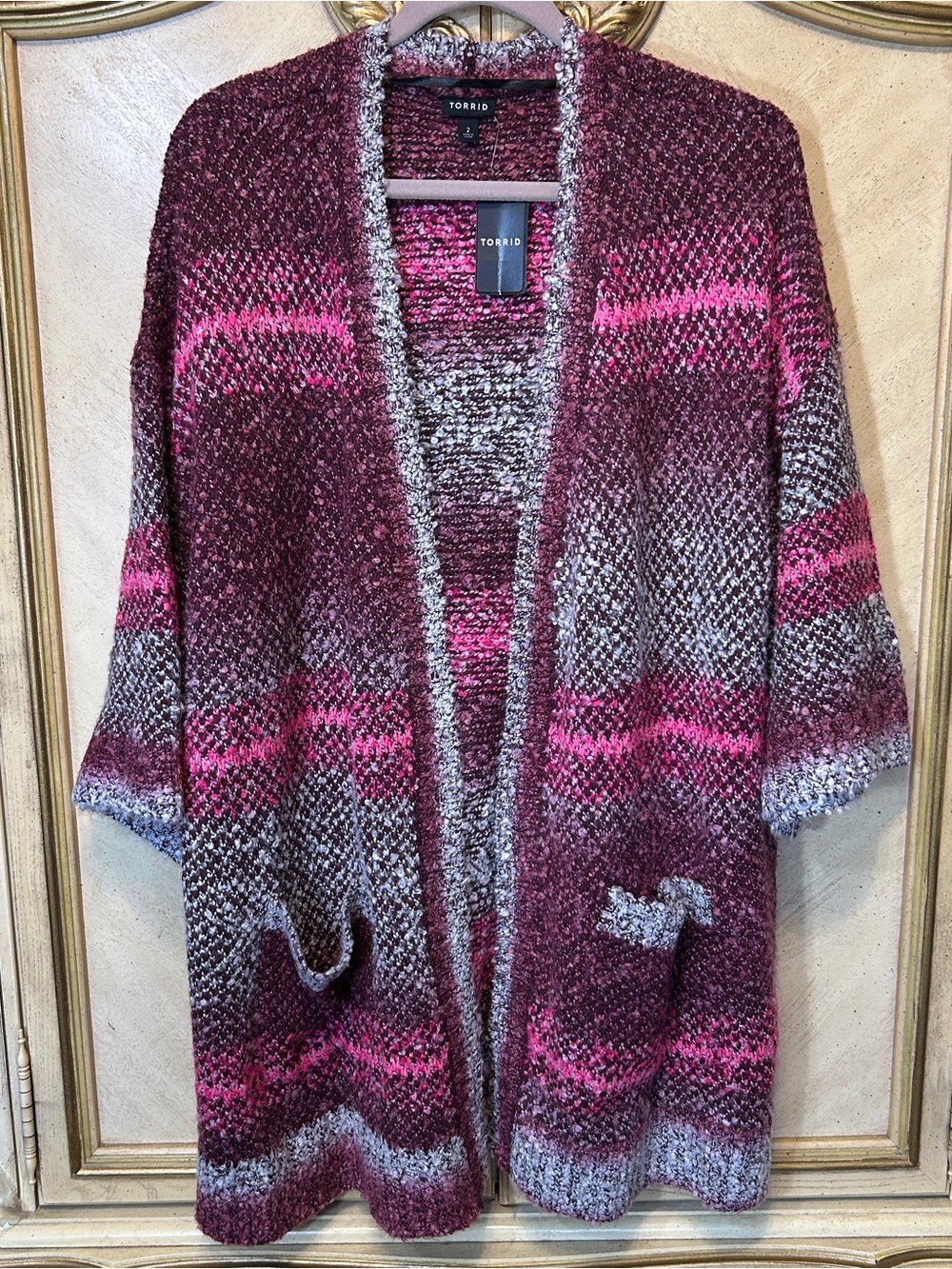 Torrid Spacedye Burgundy Pink Bouclé Knit Open Front Kimono Cardigan NEW NWT